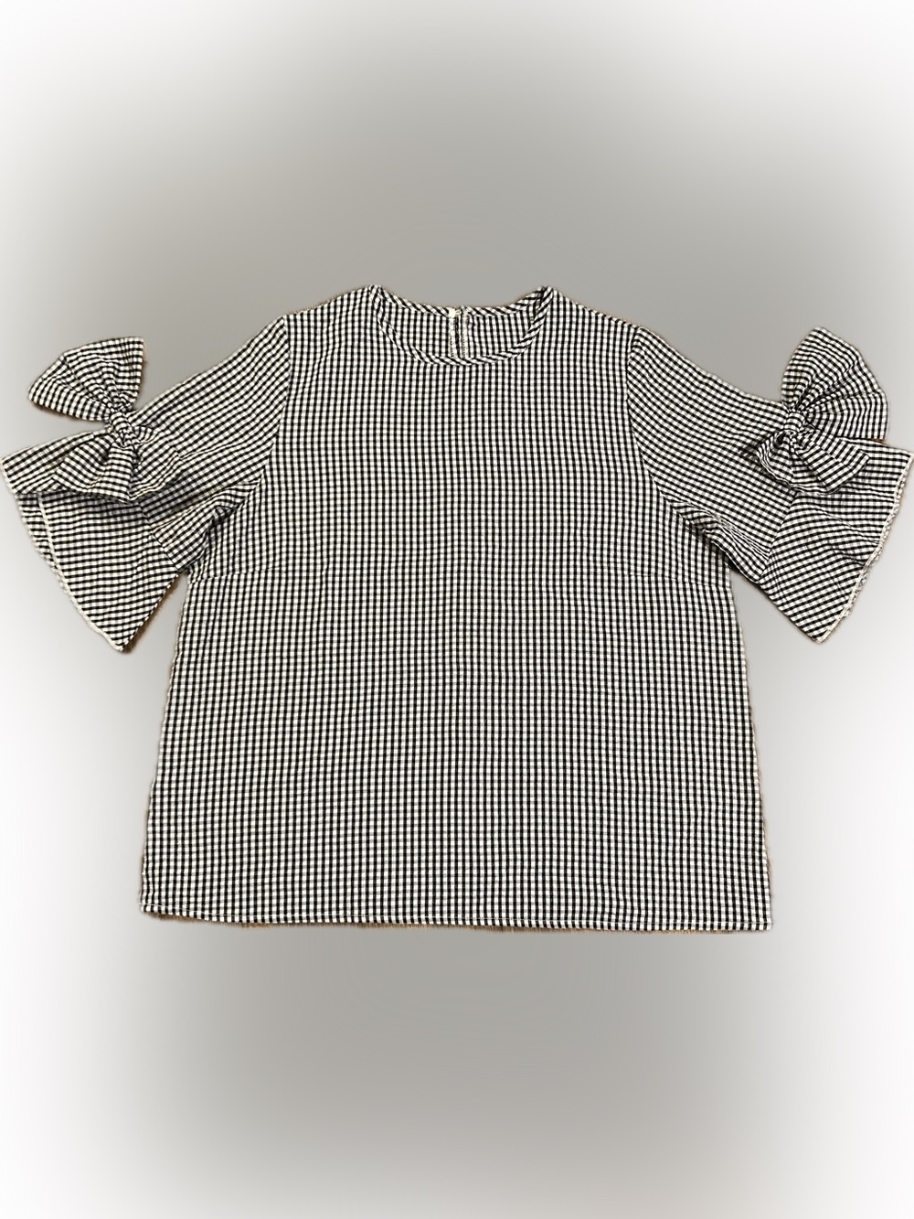 Women's Gingham Round Neck Bow Decor Bell Sleeve Shirt XL Like New